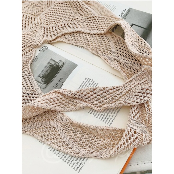 Knit Hollow Out Tote Beige Shoulder Bag - Picture 6 of 10